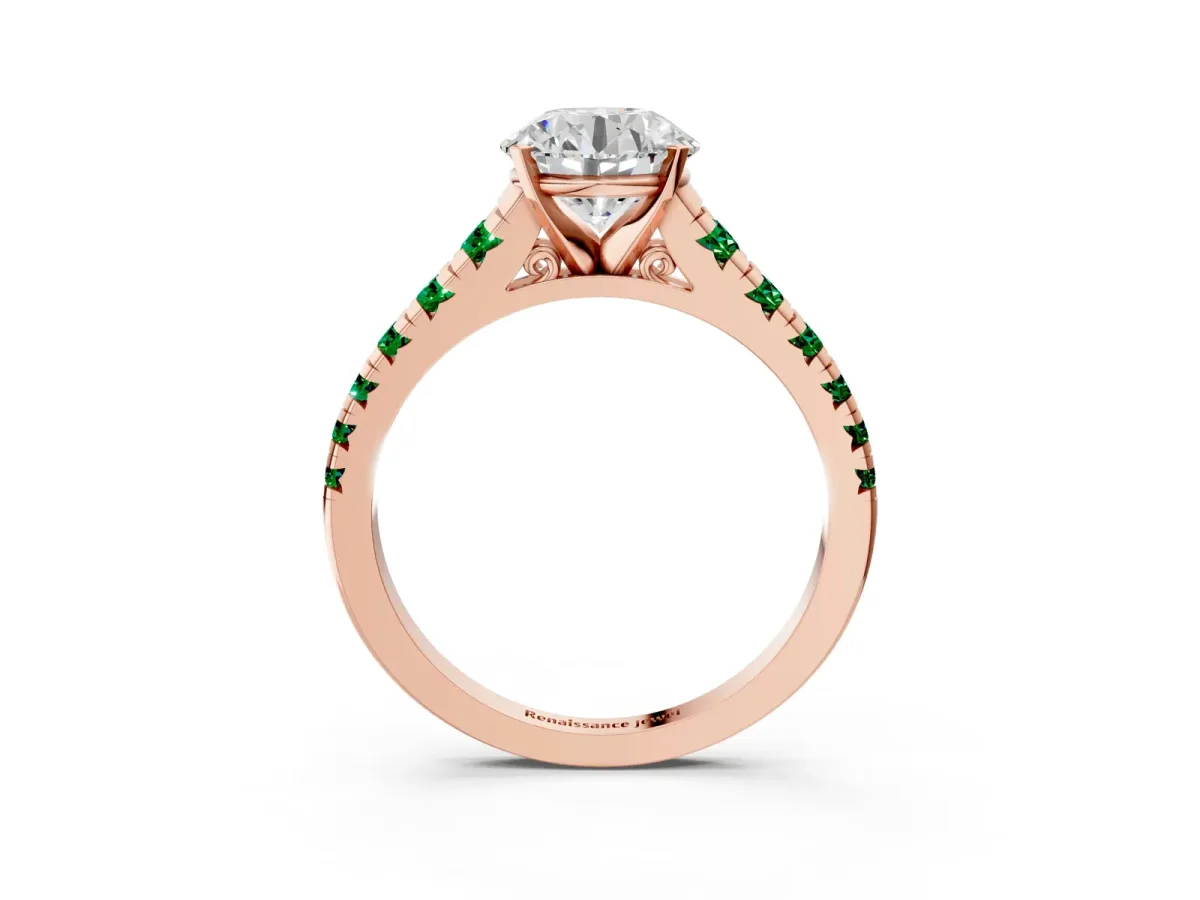 Round Cut Diamond Cathedral Solitaire Ring with Round Emerald Pavé Band Rose gold