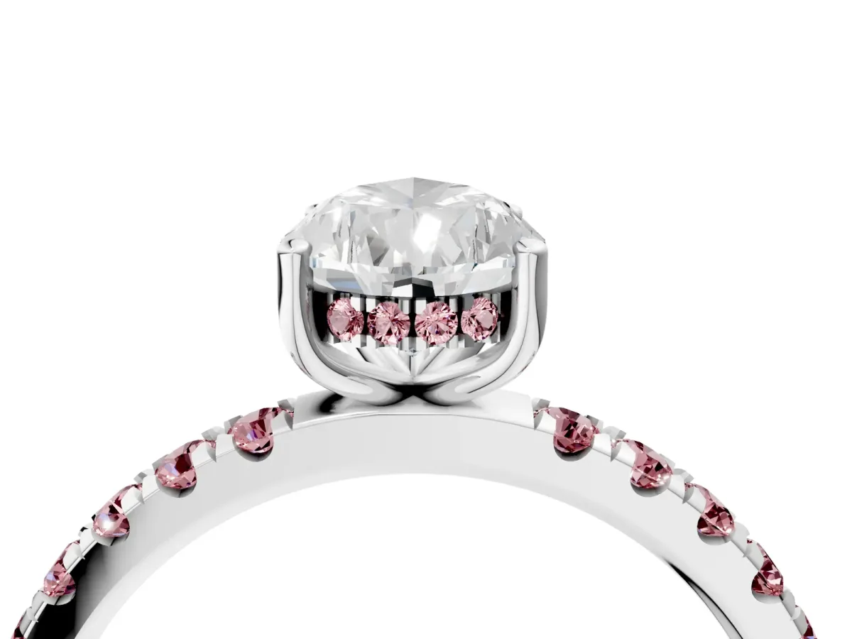 Pear Cut Diamond Pave Band Solitaire Ring with Round Morganite and Prong Setting Platinum