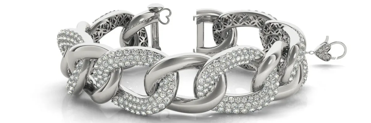 Pavé Round Stone Chain Link Bracelet with Heart Clasp White gold