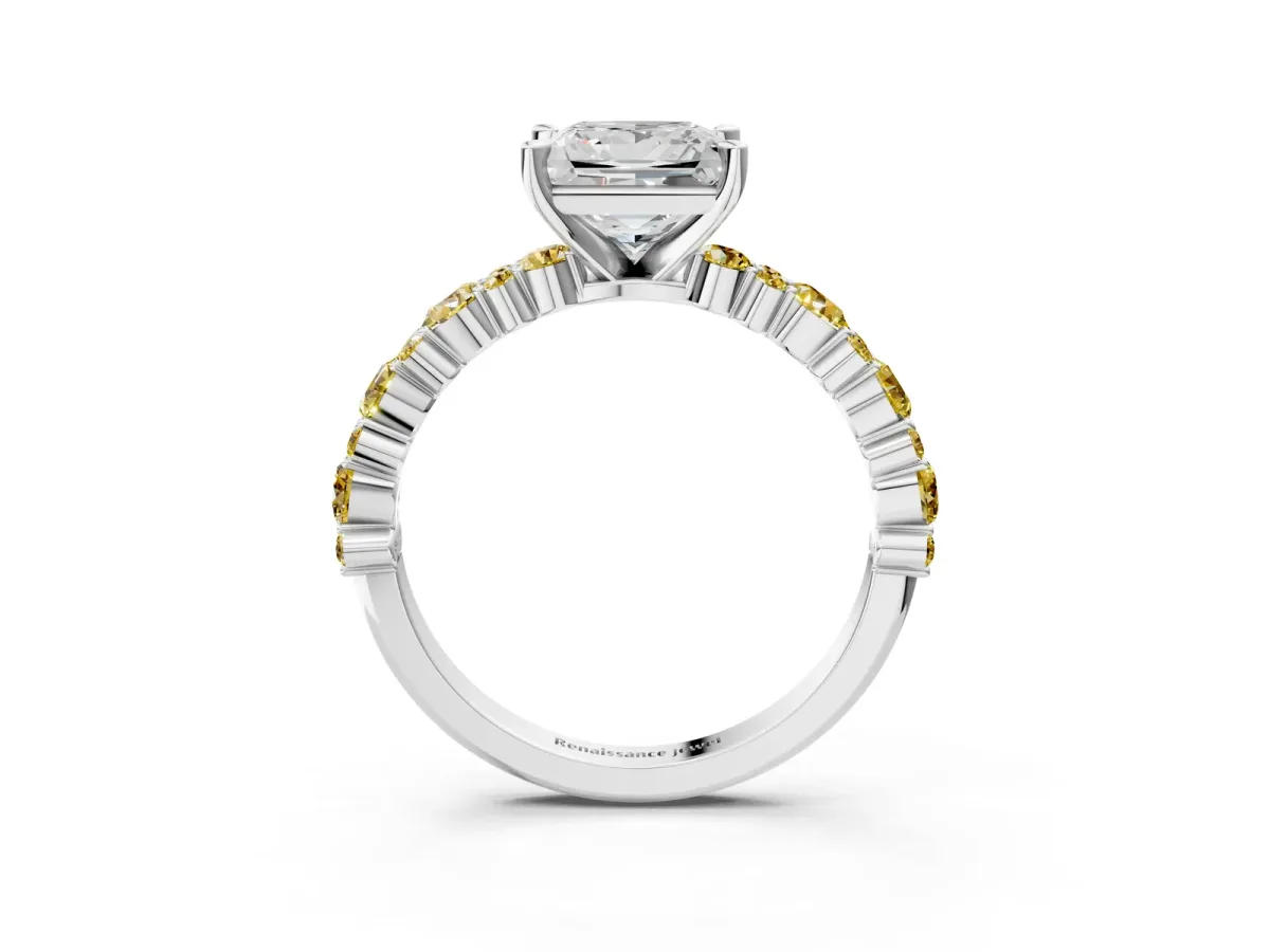 Princess Cut Diamond Side Stone Solitaire Ring with Round Yellow Sapphire and Four-Prong Setting Platinum