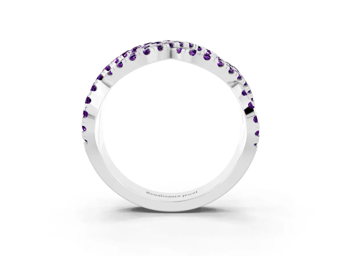 Pavé Round Amethyst Infinity Twist Band with Shared Prong Setting Platinum