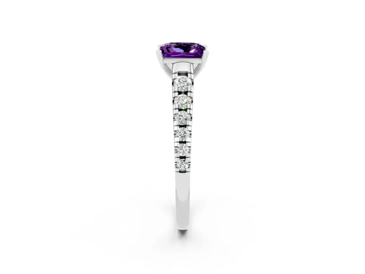 Princess Cut Amethyst Cathedral Solitaire Ring with Round Pavé Band White gold
