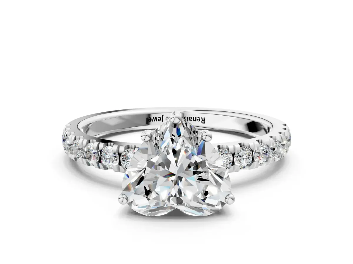 Heart Cut Diamond Pave Band Solitaire Ring with Round and Prong Setting White gold