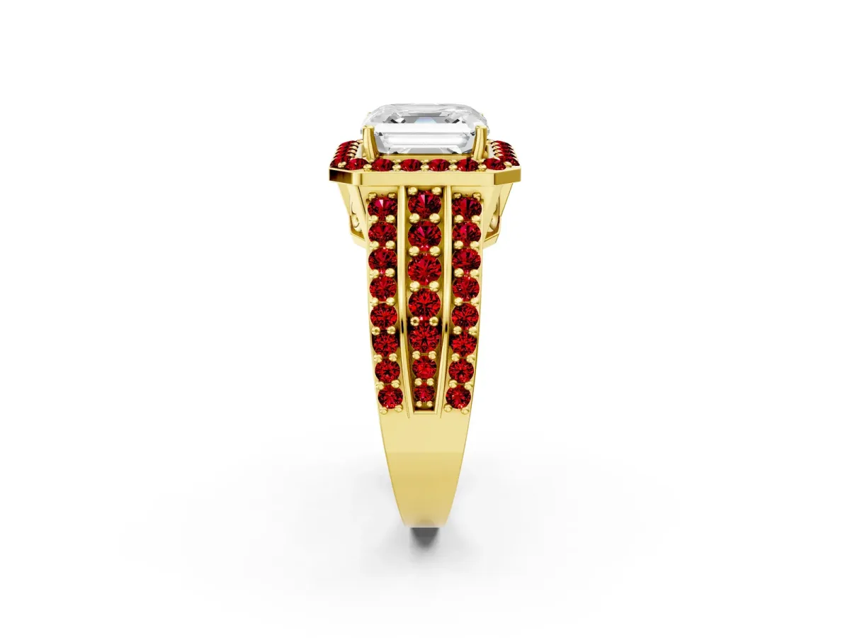 Asscher Cut Halo Diamond Ring with Round Ruby Split Shank and Prong Setting Yellow gold