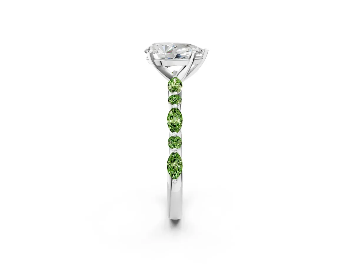 Pear Cut Diamond Ring with Marquise and Round Peridot Side Stones and Four-Prong Setting Platinum