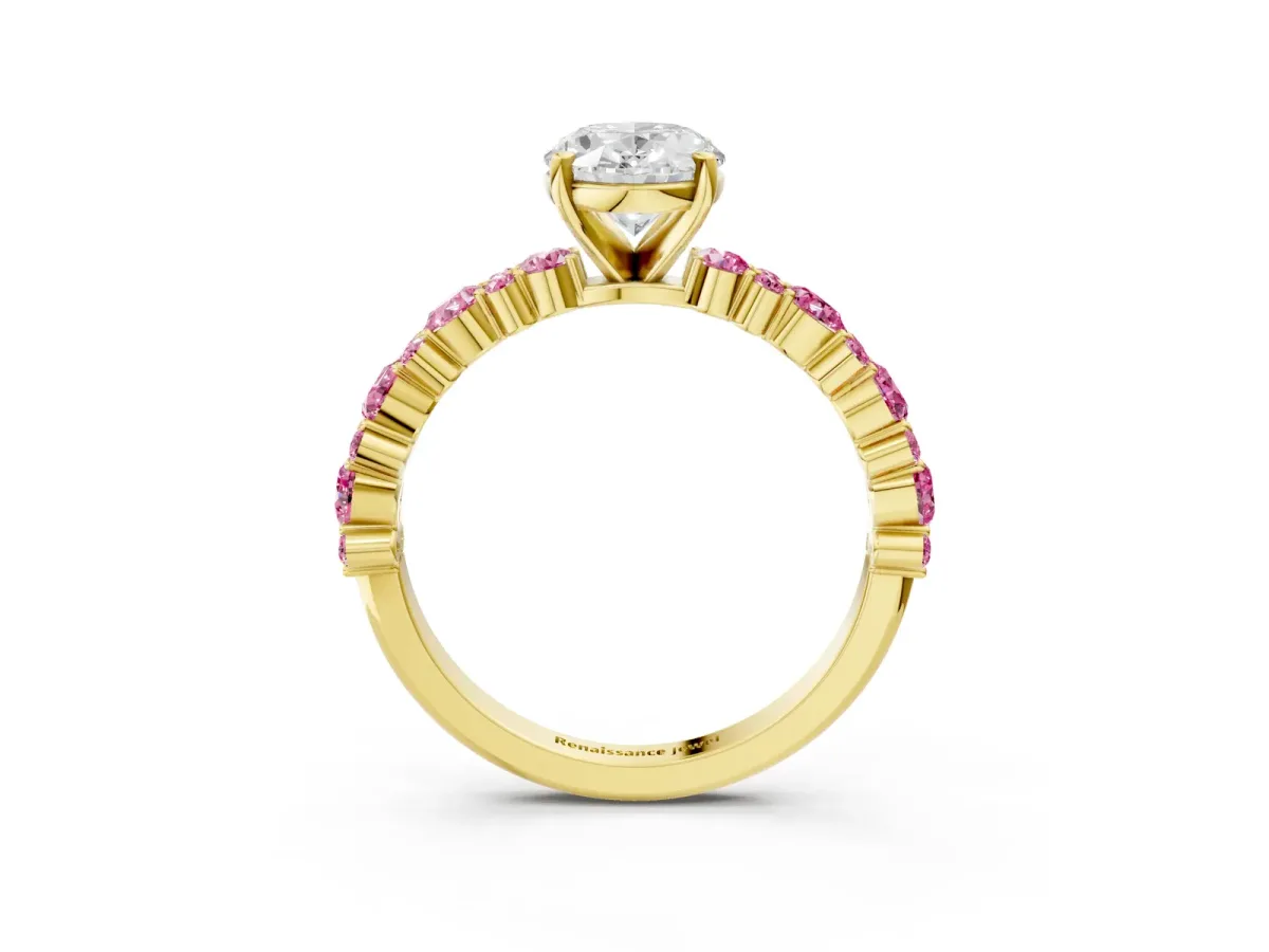 Oval Cut Diamond Side Stone Solitaire Ring with Round Pink Sapphire and Four-Prong Setting Yellow gold