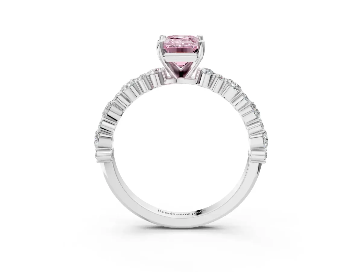 Fancy Pink Emerald Cut Diamond Side Stone Solitaire Ring with Round and Four-Prong Setting White gold