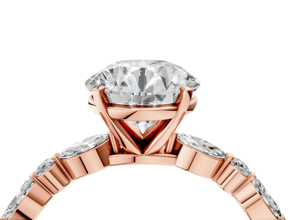 Round Cut Diamond Ring with Marquise and Round Side Stones and Four-Prong Setting Rose gold