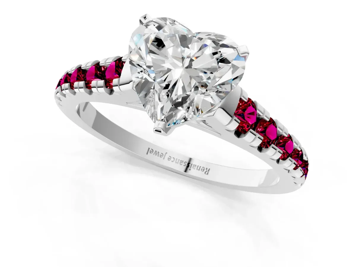 Heart Cut Diamond Cathedral Solitaire Ring with Round Garnet Pavé Band Silver
