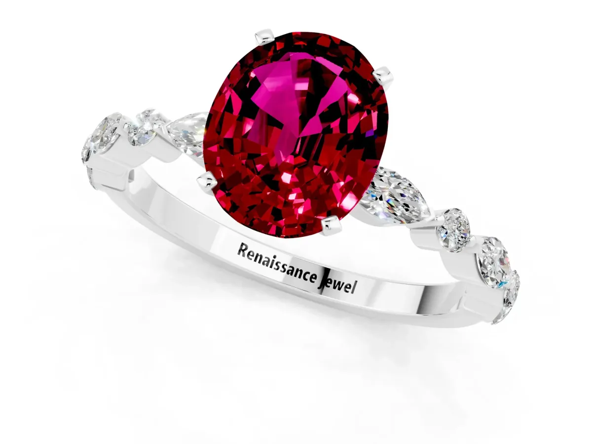 Oval Cut Garnet Ring with Marquise and Round Side Stones and Four-Prong Setting Silver