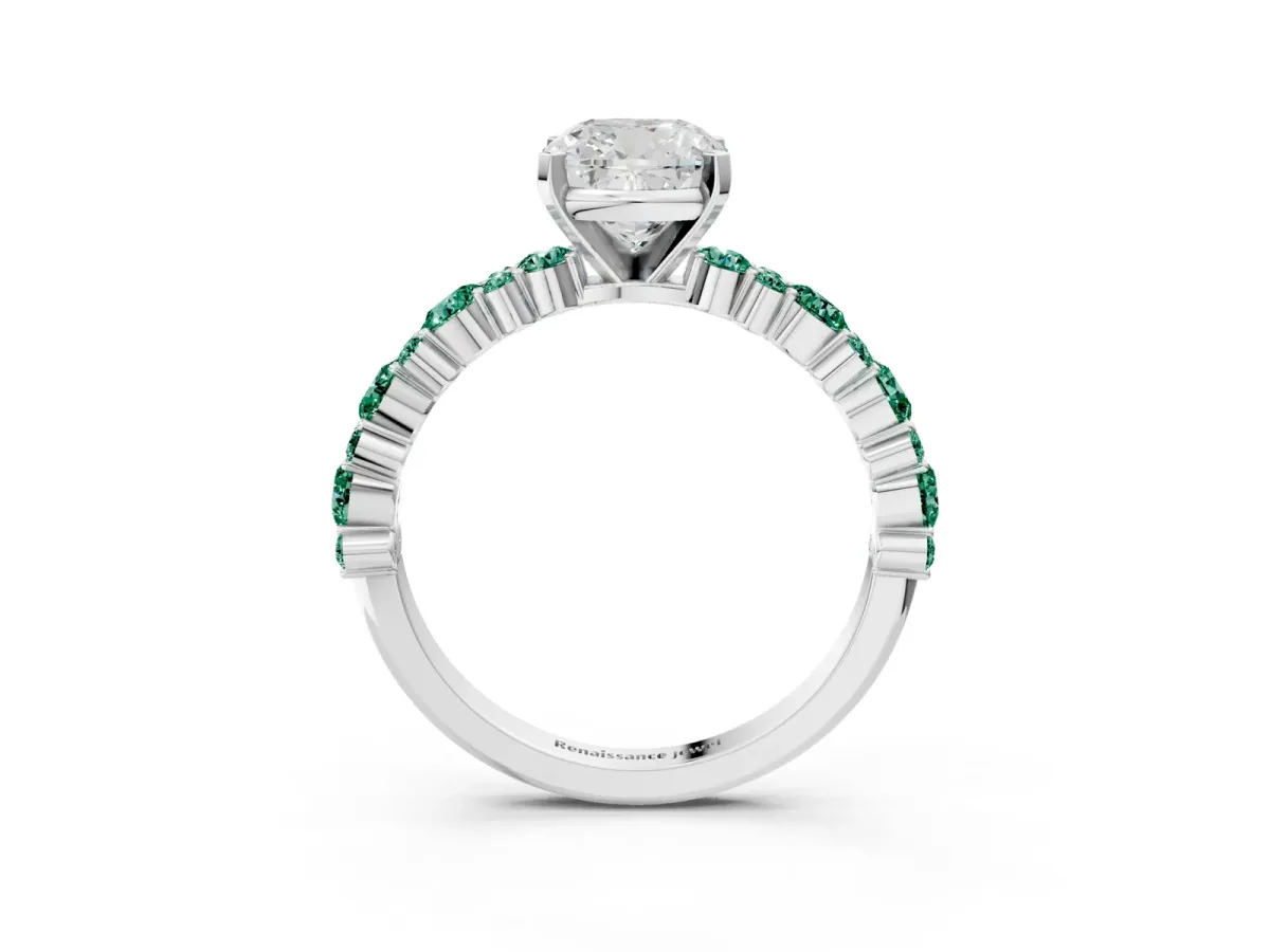 Cushion Cut Diamond Side Stone Solitaire Ring with Round Green Sapphire and Four-Prong Setting Platinum