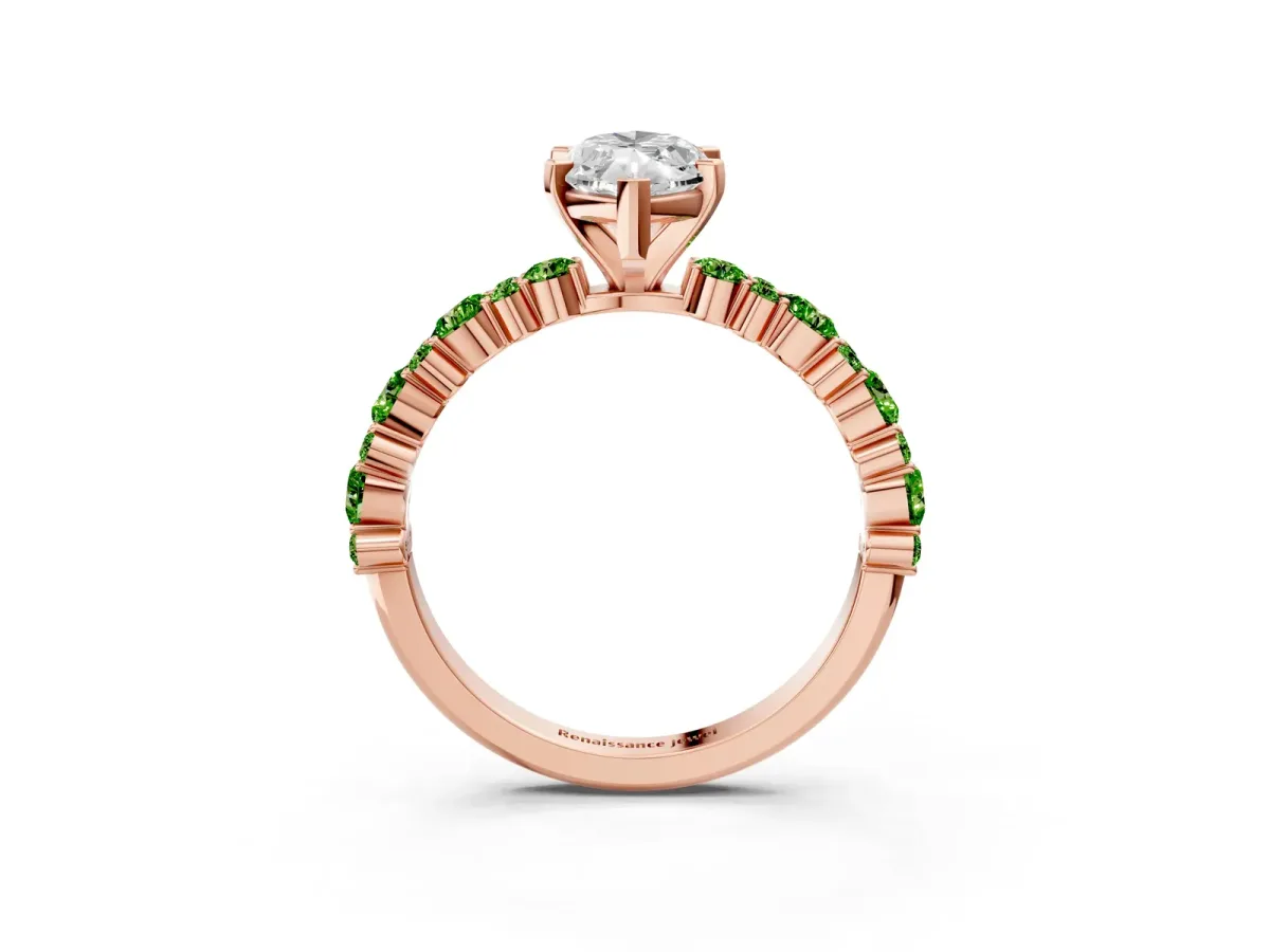 Marquise Cut Diamond Side Stone Solitaire Ring with Round Peridot and Four-Prong Setting Rose gold