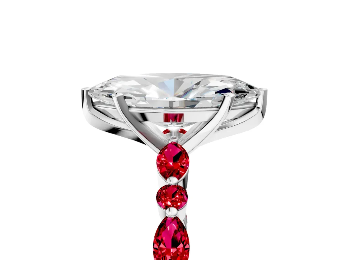 Marquise Cut Diamond Ring with Marquise and Round Ruby Side Stones and Four-Prong Setting White gold