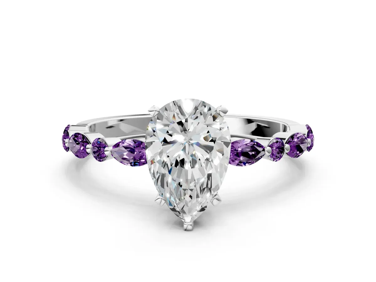 Pear Cut Diamond Ring with Marquise and Round Amethyst Side Stones and Four-Prong Setting Silver