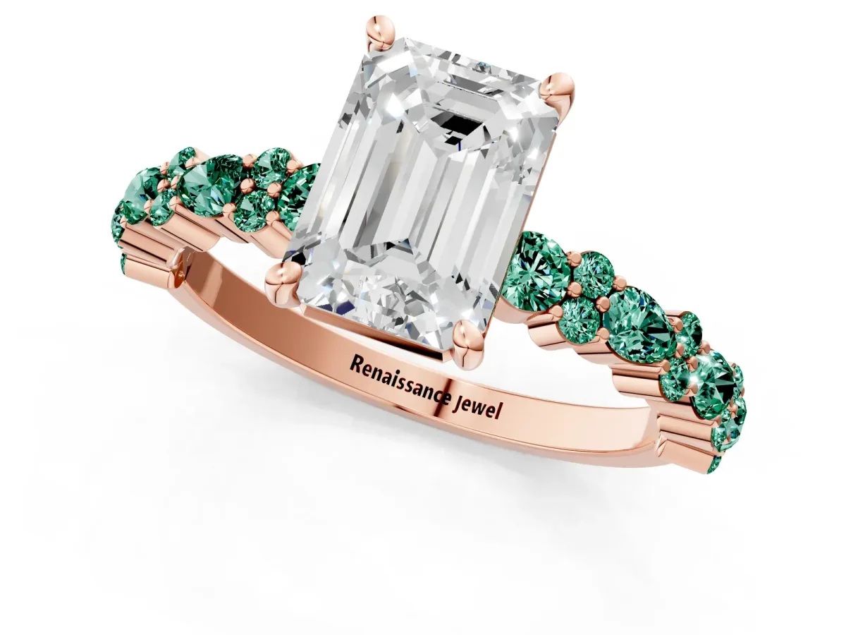 Emerald Cut Diamond Side Stone Solitaire Ring with Round Green Sapphire and Four-Prong Setting Rose gold