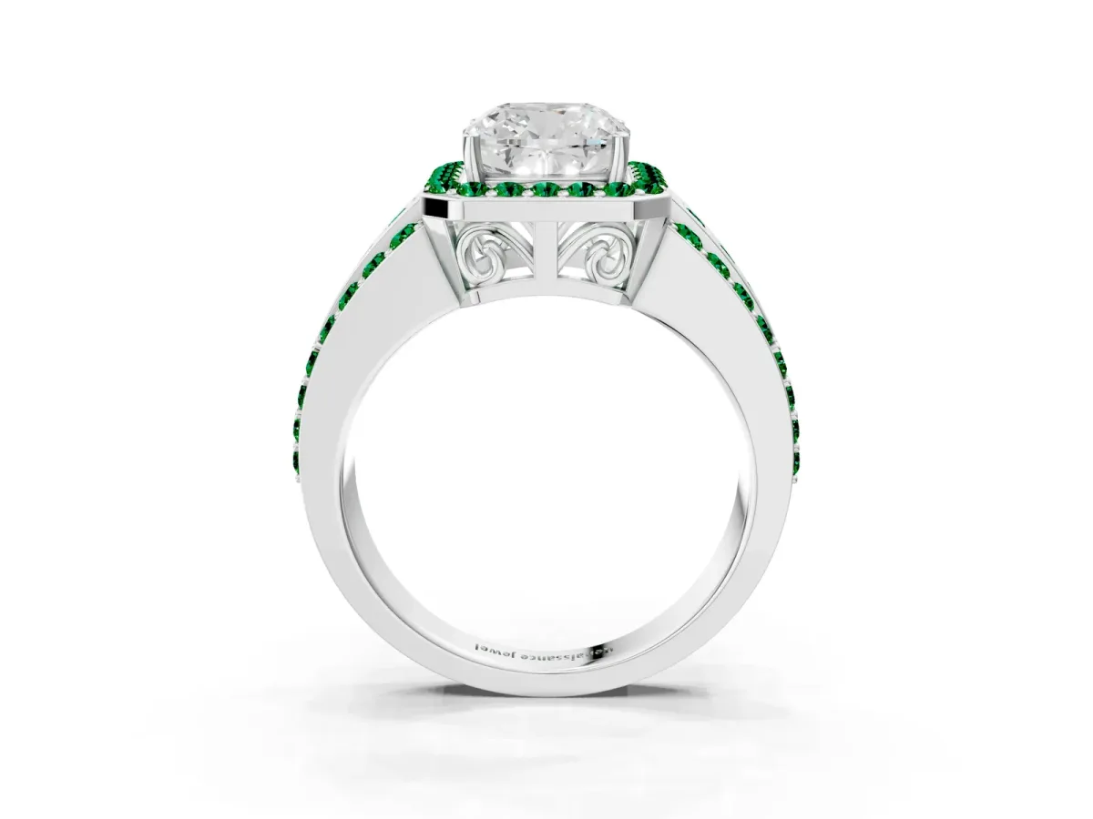 Cushion Cut Halo Diamond Ring with Round Emerald Split Shank and Prong Setting White gold