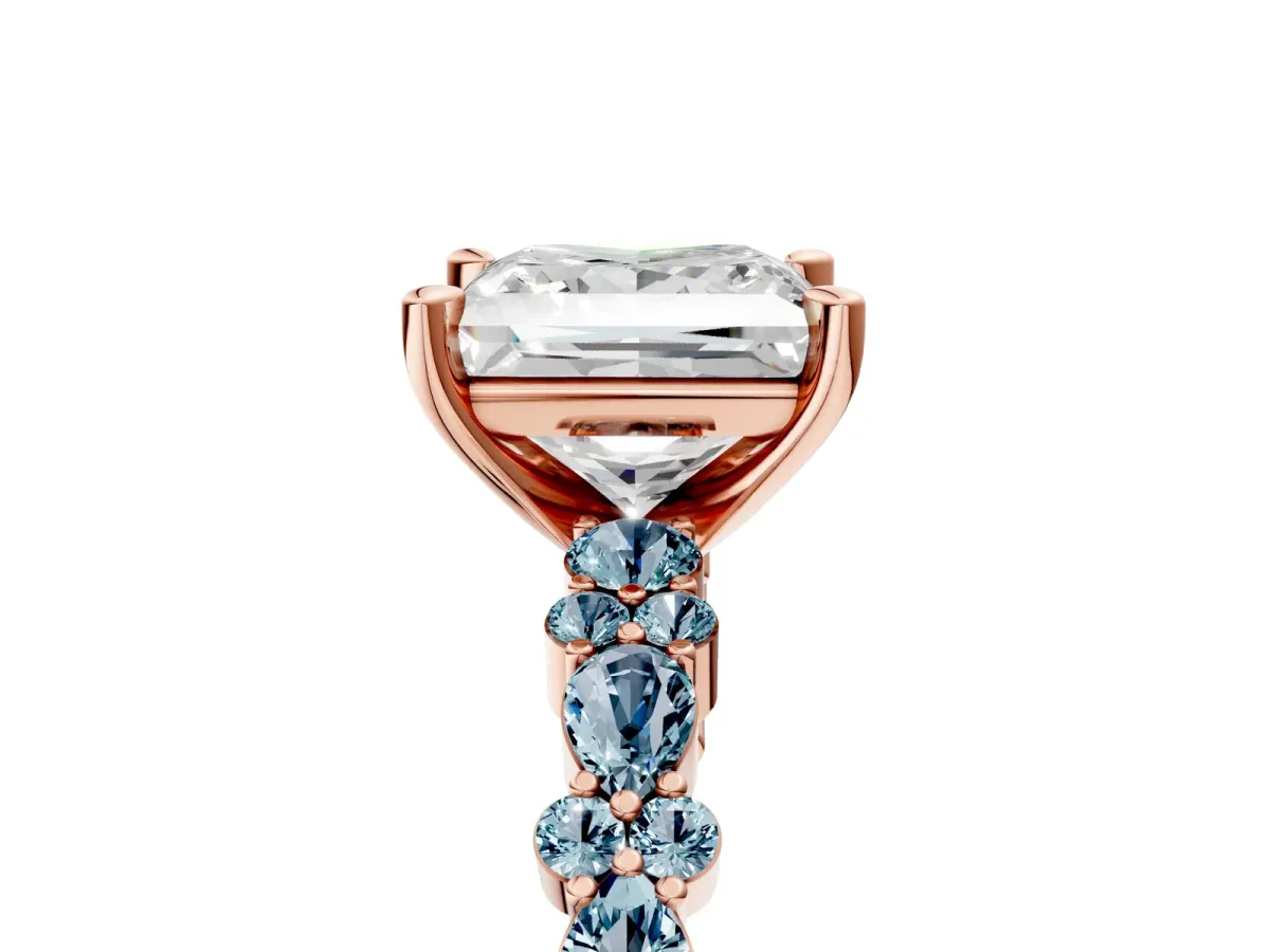 Princess Cut Diamond Side Stone Solitaire Ring with Round Aquamarine and Four-Prong Setting Rose gold