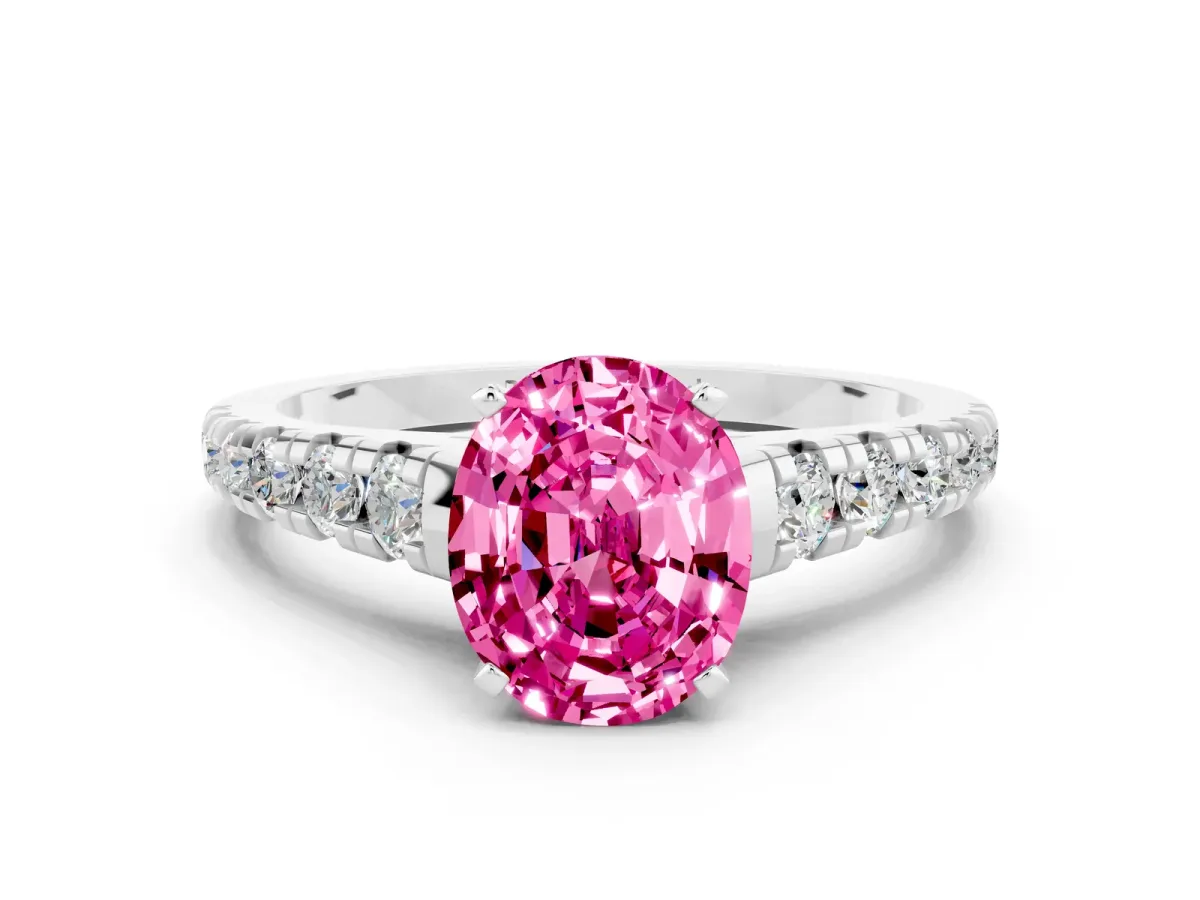 Oval Cut Pink Sapphire Cathedral Solitaire Ring with Round Pavé Band Silver