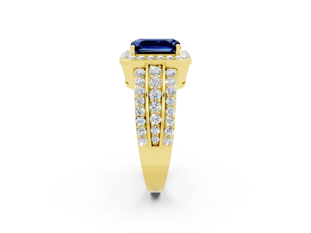Emerald Cut Halo Blue Sapphire Ring with Round Split Shank and Prong Setting Yellow gold