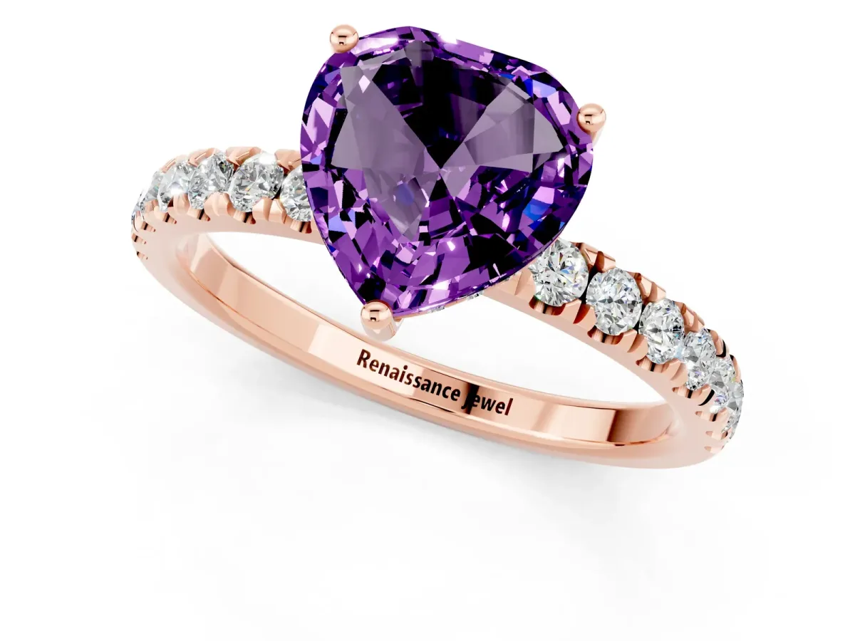 Heart Cut Amethyst Pave Band Solitaire Ring with Round and Prong Setting Rose gold