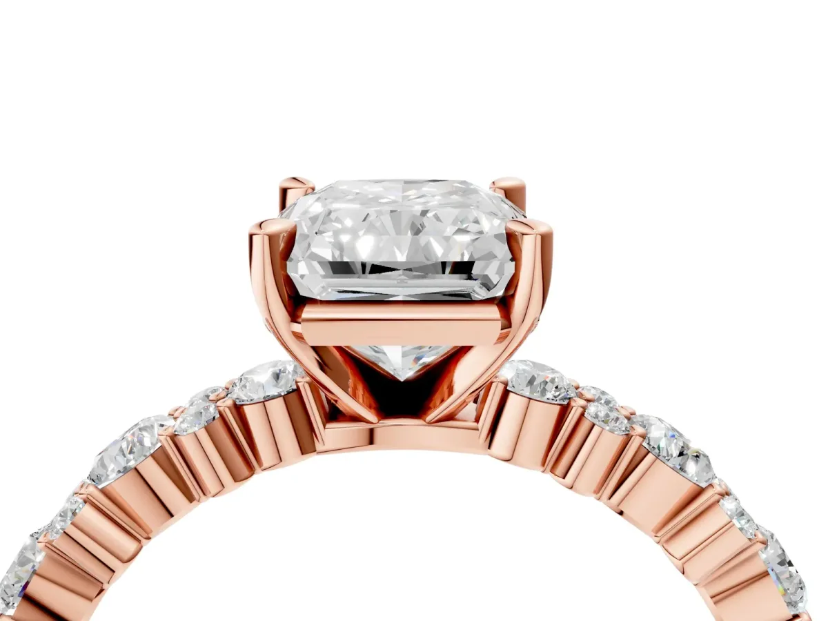 Radiant Cut Diamond Side Stone Solitaire Ring with Round Moissanite and Four-Prong Setting Rose gold