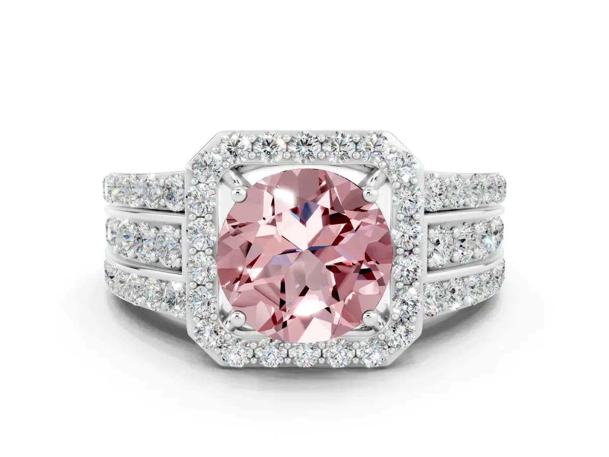 Round Cut Halo Morganite Ring with Round Split Shank and Prong Setting Silver