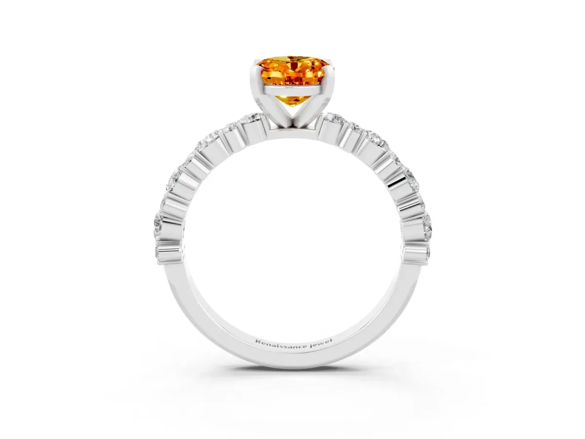 Oval Cut Citrine Side Stone Solitaire Ring with Round and Four-Prong Setting White gold