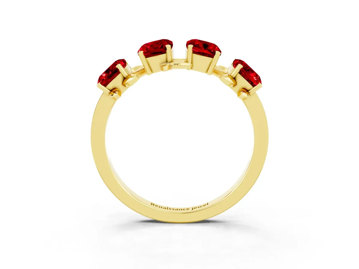 Four-Stone Elongated Cushion Ruby Band with Nature-Inspired Prong Setting Yellow gold