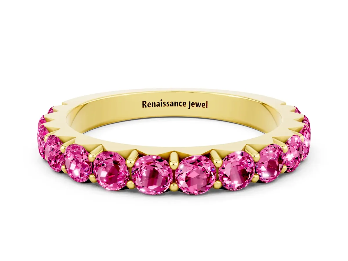Round Pink Sapphire Half Eternity Band with Classic Prong Setting Yellow gold