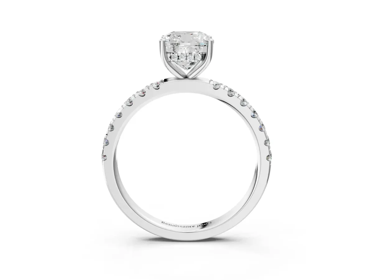 Cushion Cut Diamond Pave Band Solitaire Ring with Round Moissanite and Prong Setting Platinum