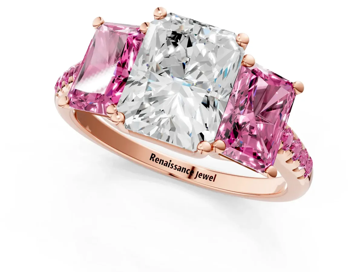 Three-Stone Radiant Cut Diamond Ring with Round Pink Sapphire Pavé Band and Prong Setting Rose gold