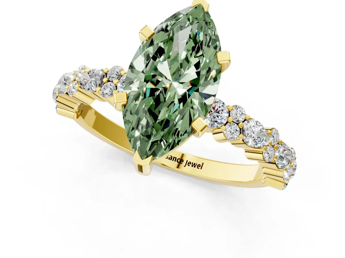 Fancy Green Marquise Cut Diamond Side Stone Solitaire Ring with Round and Four-Prong Setting Yellow gold