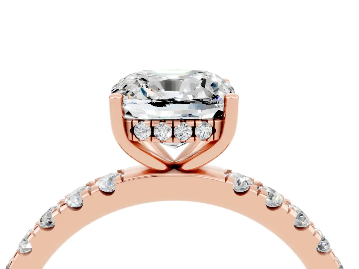 Cushion Cut Moissanite Pave Band Solitaire Ring with Round and Prong Setting Rose gold