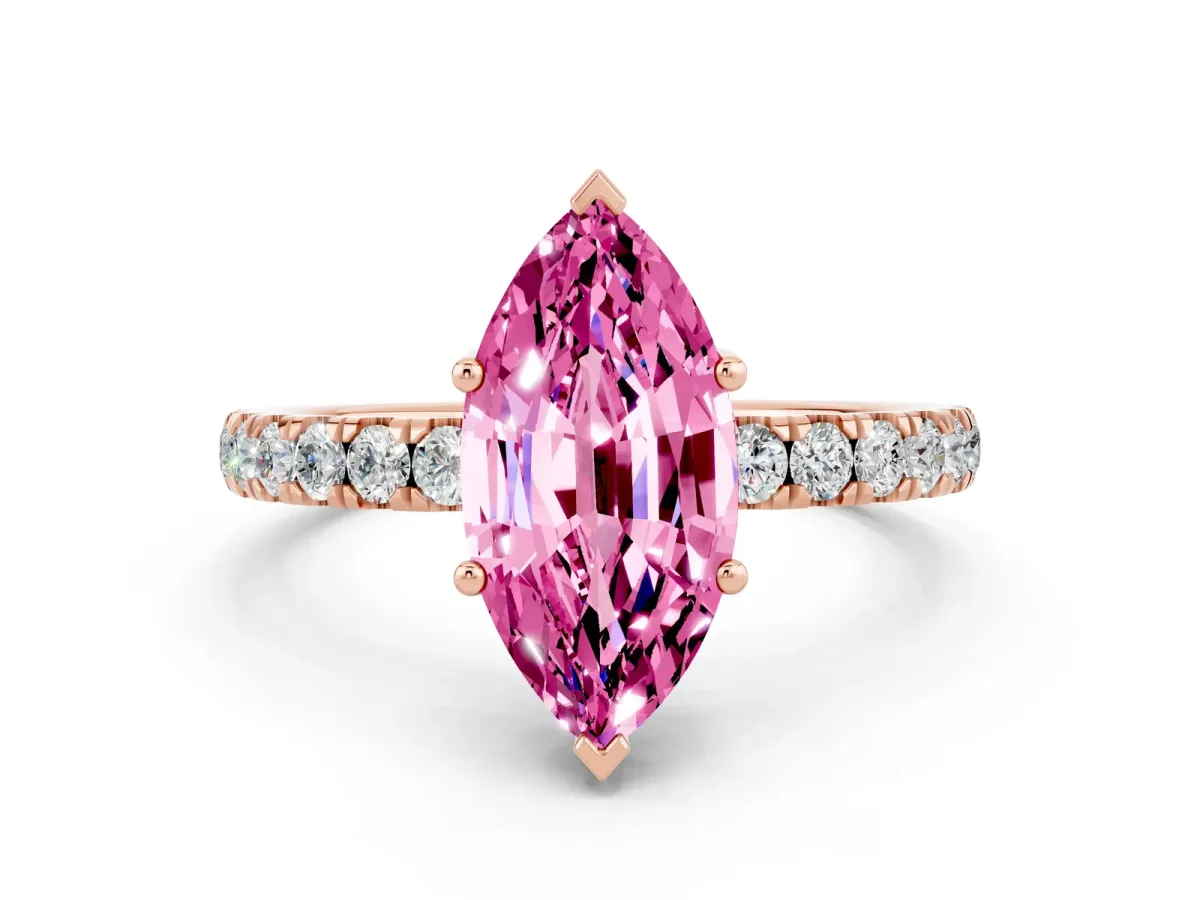 Marquise Cut Pink Sapphire Pave Band Solitaire Ring with Round and Prong Setting Rose gold