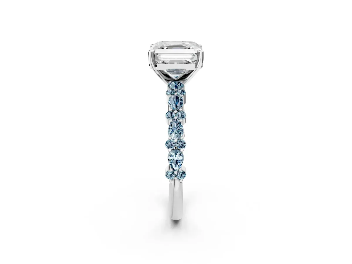 Asscher Cut Diamond Side Stone Solitaire Ring with Round Aquamarine and Four-Prong Setting Silver