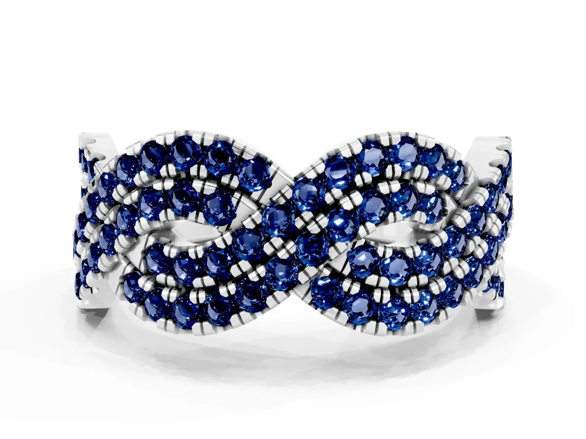 Pavé Round Blue Sapphire Infinity Twist Band with Shared Prong Setting White gold