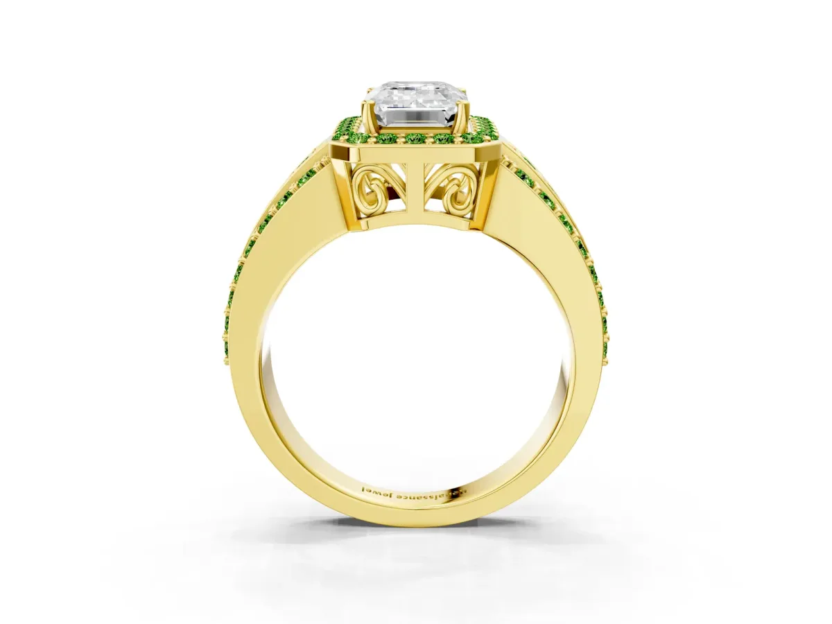Emerald Cut Halo Diamond Ring with Round Peridot Split Shank and Prong Setting Yellow gold