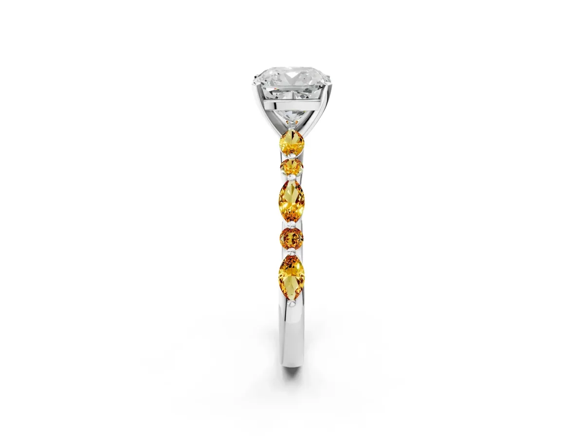 Cushion Cut Diamond Ring with Marquise and Round Citrine Side Stones and Four-Prong Setting Platinum