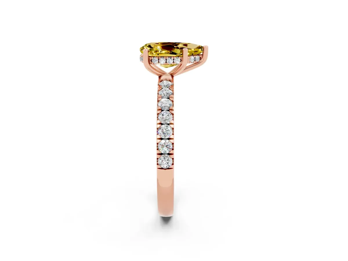 Pear Cut Yellow Sapphire Pave Band Solitaire Ring with Round and Prong Setting Rose gold
