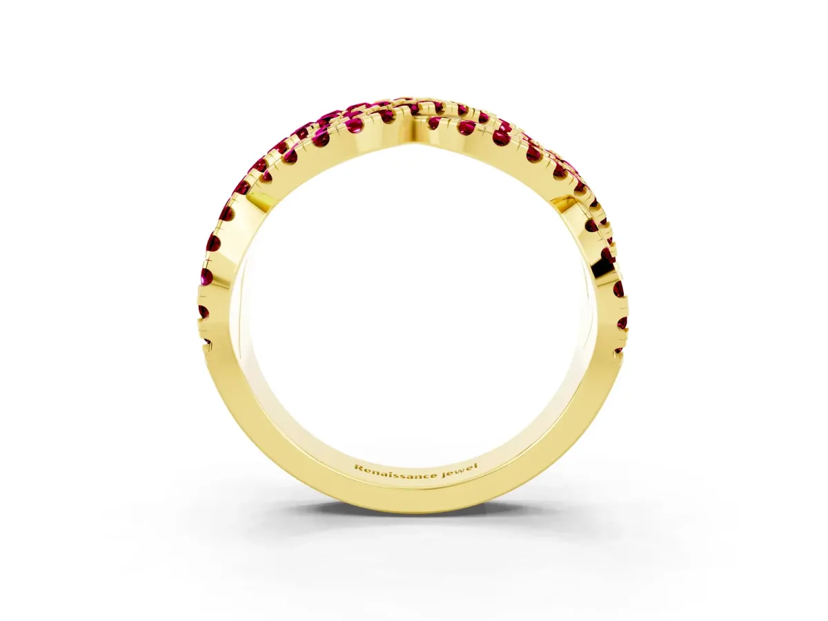 Pavé Round Garnet Infinity Twist Band with Shared Prong Setting Yellow gold