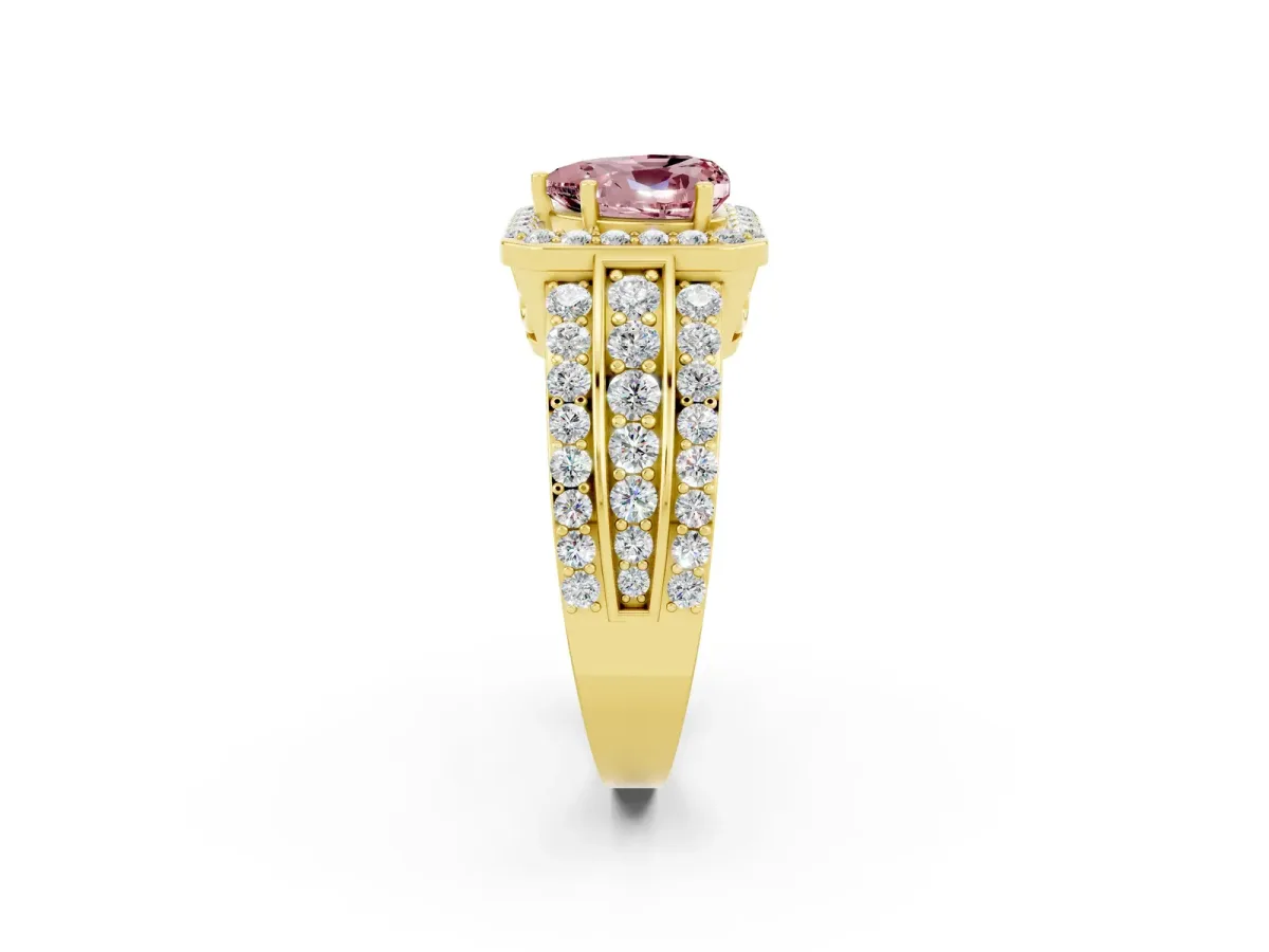 Heart Cut Halo Morganite Ring with Round Split Shank and Prong Setting Yellow gold