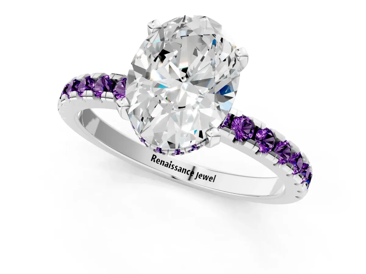 Oval Cut Diamond Solitaire Ring with Round Amethyst Pavé Band and Four-Prong Setting White gold