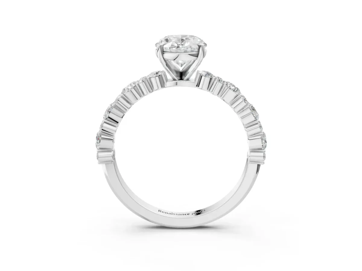 Oval Cut Diamond Side Stone Solitaire Ring with Round Moissanite and Four-Prong Setting White gold