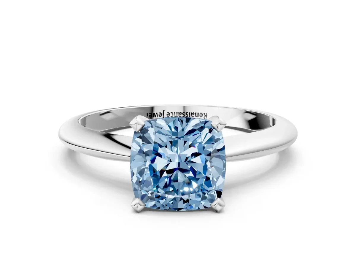 Fancy Blue Cushion Cut Diamond Solitaire Engagement Ring with Classic Band and Four-Prong Setting Silver
