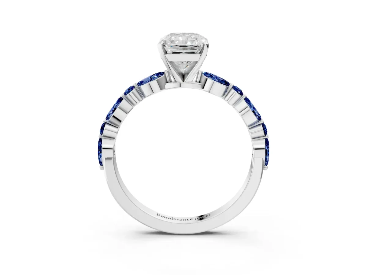 Radiant Cut Diamond Ring with Marquise and Round Blue Sapphire Side Stones and Four-Prong Setting Silver