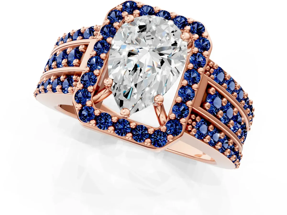 Pear Cut Halo Diamond Ring with Round Blue Sapphire Split Shank and Prong Setting Rose gold