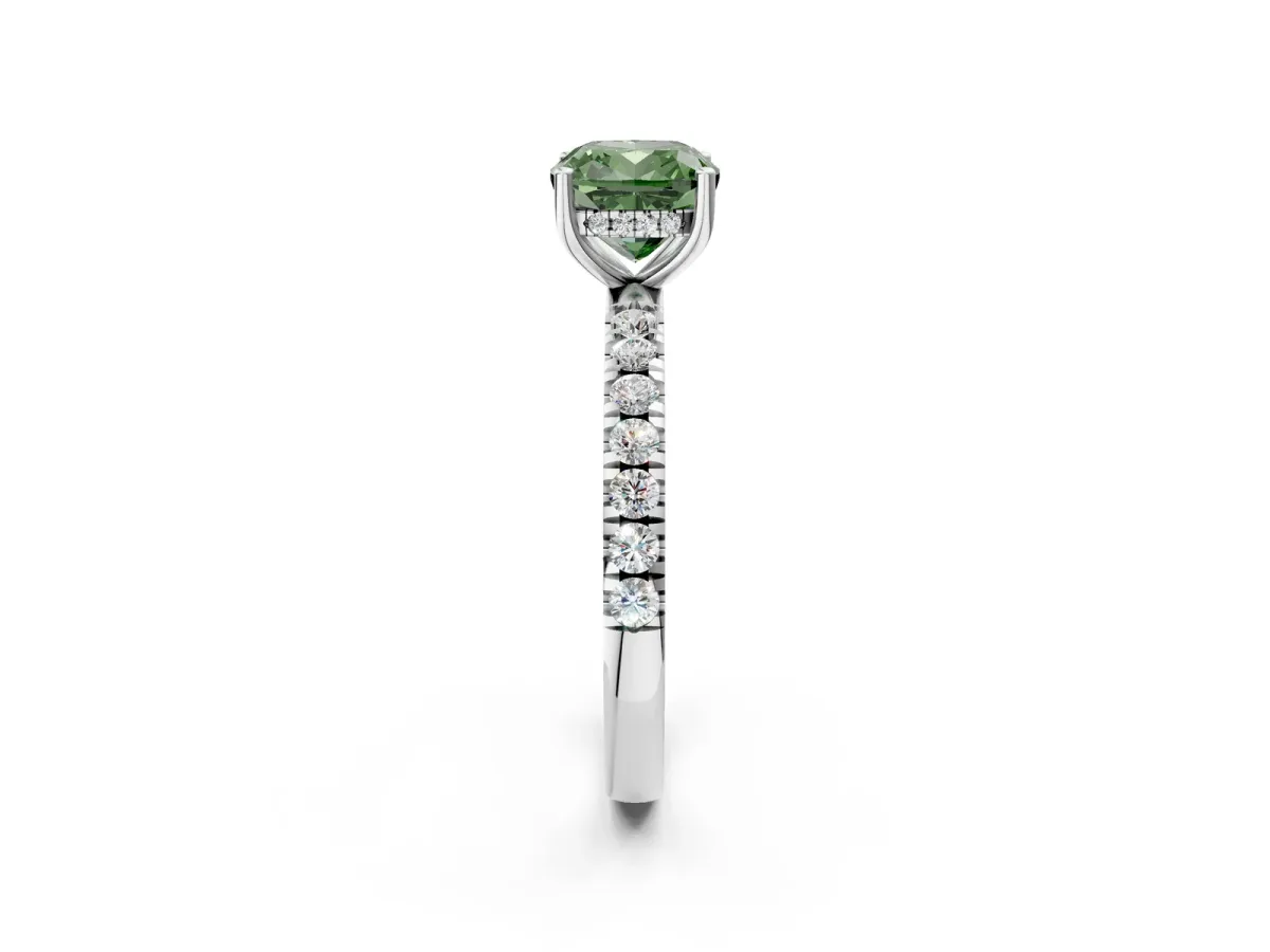Fancy Green Cushion Cut Diamond Pave Band Solitaire Ring with Round and Prong Setting Platinum
