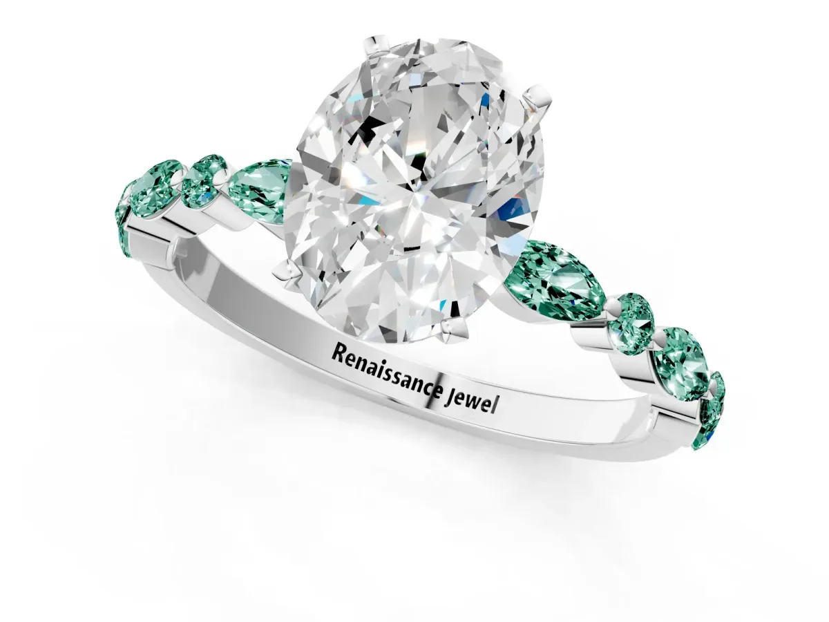 Oval Cut Diamond Ring with Marquise and Round Green Sapphire Side Stones and Four-Prong Setting Silver