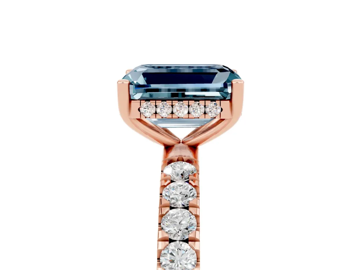 Emerald Cut Aquamarine Pave Band Solitaire Ring with Round and Prong Setting Rose gold