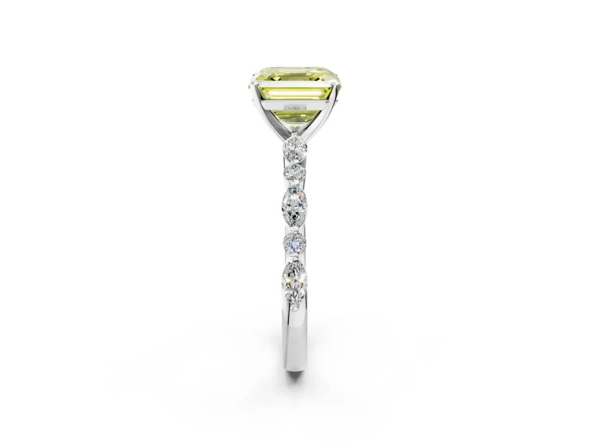 Fancy Yellow Asscher Cut Diamond Ring with Marquise and Round Side Stones and Four-Prong Setting Platinum